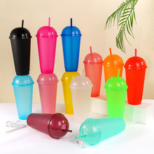 跨境大容量塑料单层时尚奶茶杯咖啡杯PP拱盖吸管杯多色闪粉杯批发