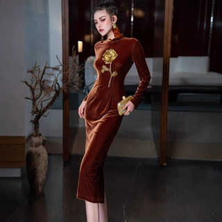 2024秋冬修身包臀丝绒旗袍立体花朵亮片气质款连衣裙优雅显瘦女神