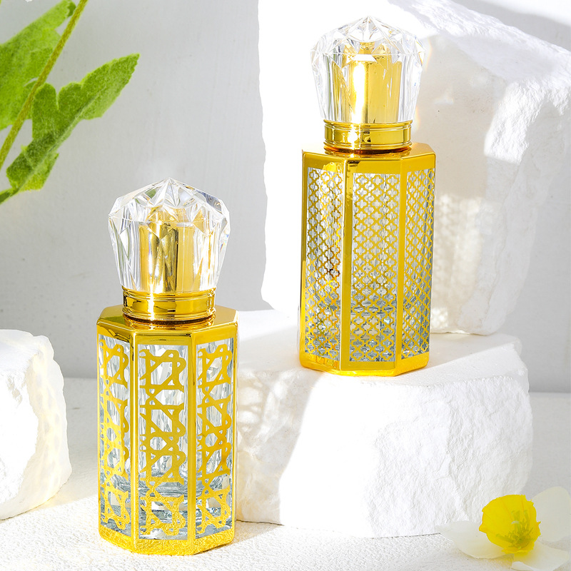 Botella de spray de perfume de 50ml oro galvanizado UV vidrio vacío botella de maquillaje