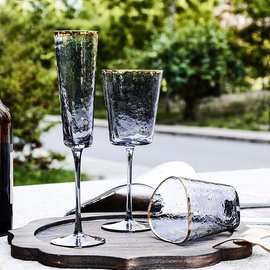 新款金边锤纹三角透明酒杯矮款水杯琥珀红酒杯饮料水杯烟灰香槟杯