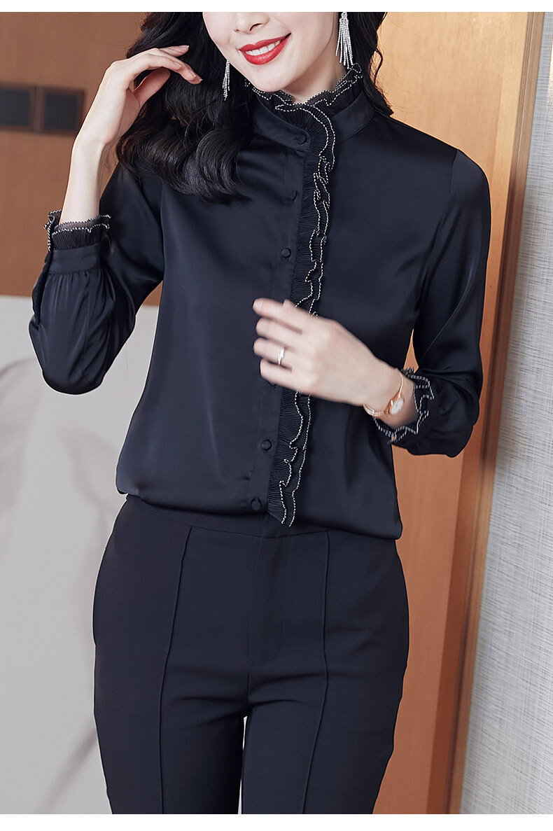 Satin chiffon stand-up collar, black ear-trimmed shirt for women, long-sleeved 2022 new Spring and autumn style, lace pic 13