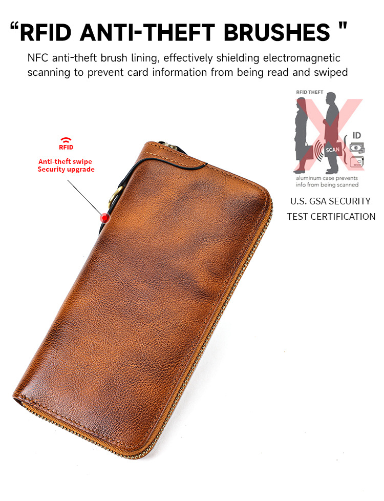 Ví da bò dài cổ điển nhiều ngăn thẻ chống từ RFID — màu đỏ, màu xanh, màu xanh lá cây, nâu chi tiết 4