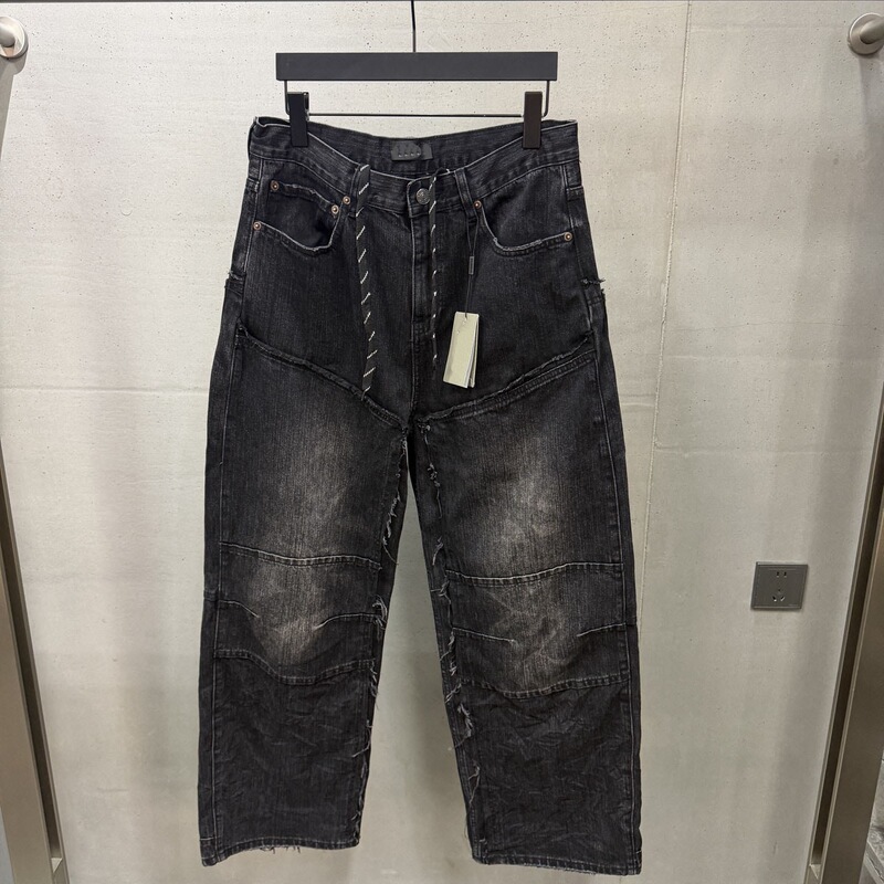 Cross-border high-quality Paris 26SS new B-brand distressed multi-pocket drawstring vintage workwear jeans for men, loose fit Cross-border high-quality Paris 26SS new B-brand distressed multi-pocket drawstring vintage workwear jeans for men, loose fit