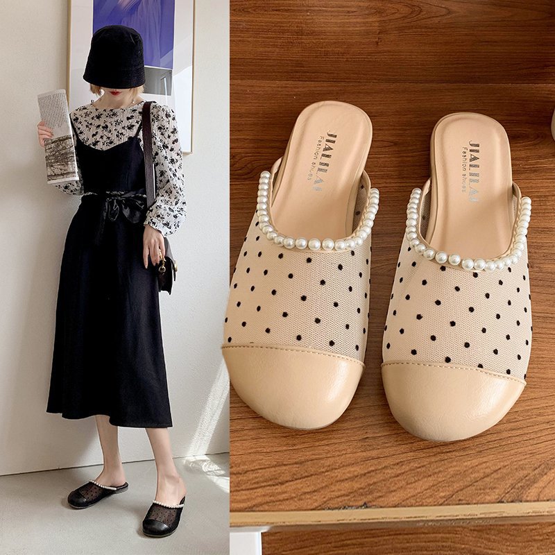 2021夏网纱波点包头串珠低跟拖鞋外穿方头方跟包头半拖穆勒鞋女