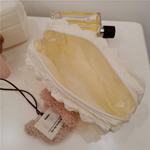 Korean style ins style cute plush bear head puff grid children's pencil bag bag kindergarten baby stationery storage bag