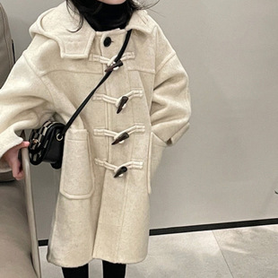 Boys and girls coat autumn and winter new Korean temperament horn buckle hooded tweed coat tide children a generation of hair