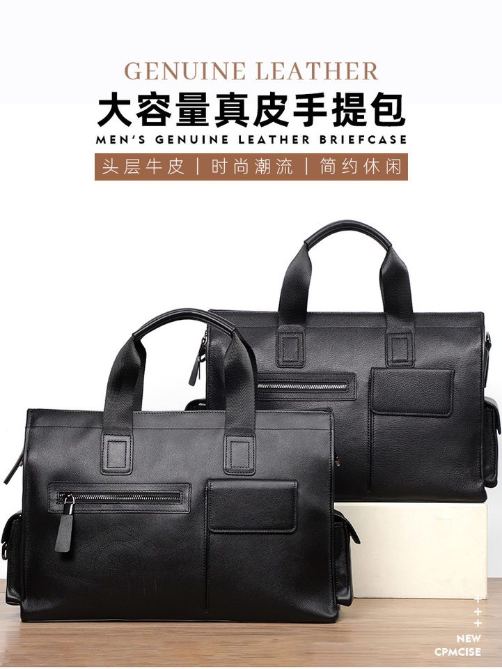Túi xách tay nam da bò thật dung tích lớn 40×13×29 cm, đựng tài liệu và laptop 15,6 inch — Dây kéo dọc da bò màu đen, Dây kéo ngang da bò màu đen, Da cừu lớp đầu màu đen chi tiết 1