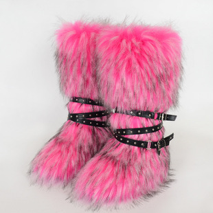 Women's Winter Faux Fur Fox Fur Boots with Belt, Punk European and American Style, High Tube 40 Long Tube Snow Boots, Cross-Border