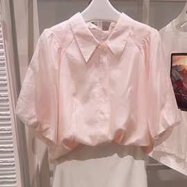 2024新款漂亮小衫别致绝美上衣法式粉色短袖衬衫女夏季设计感小众