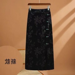 中国式のバックルのジャカードの金のベルベットのスカート