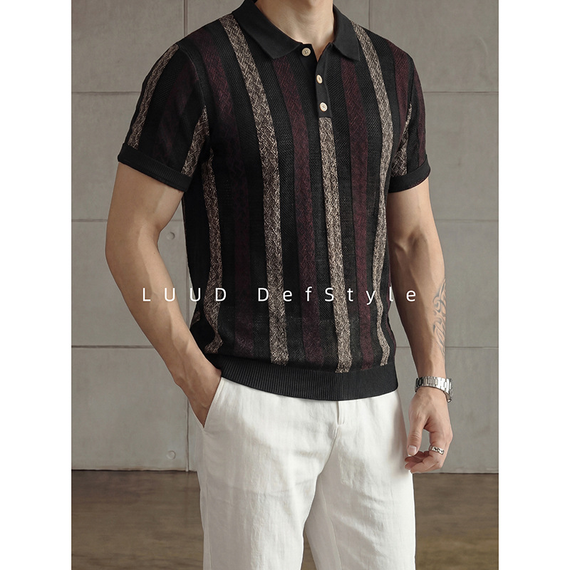 Polo camiseta de punto camiseta de manga corta camiseta de hombre solapa rayas huecas viejos vientos de alto nivel de verano fábrica transfronteriza al por mayor