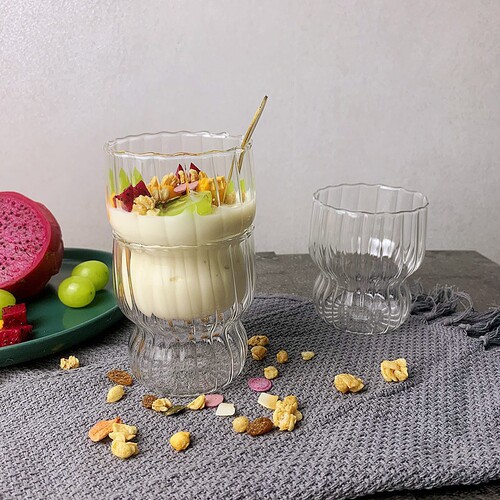Vertical pattern glass cup, bud cup milk latte cold brew coffee cup, oat breakfast cup, Instagram style transparent cold drink cup