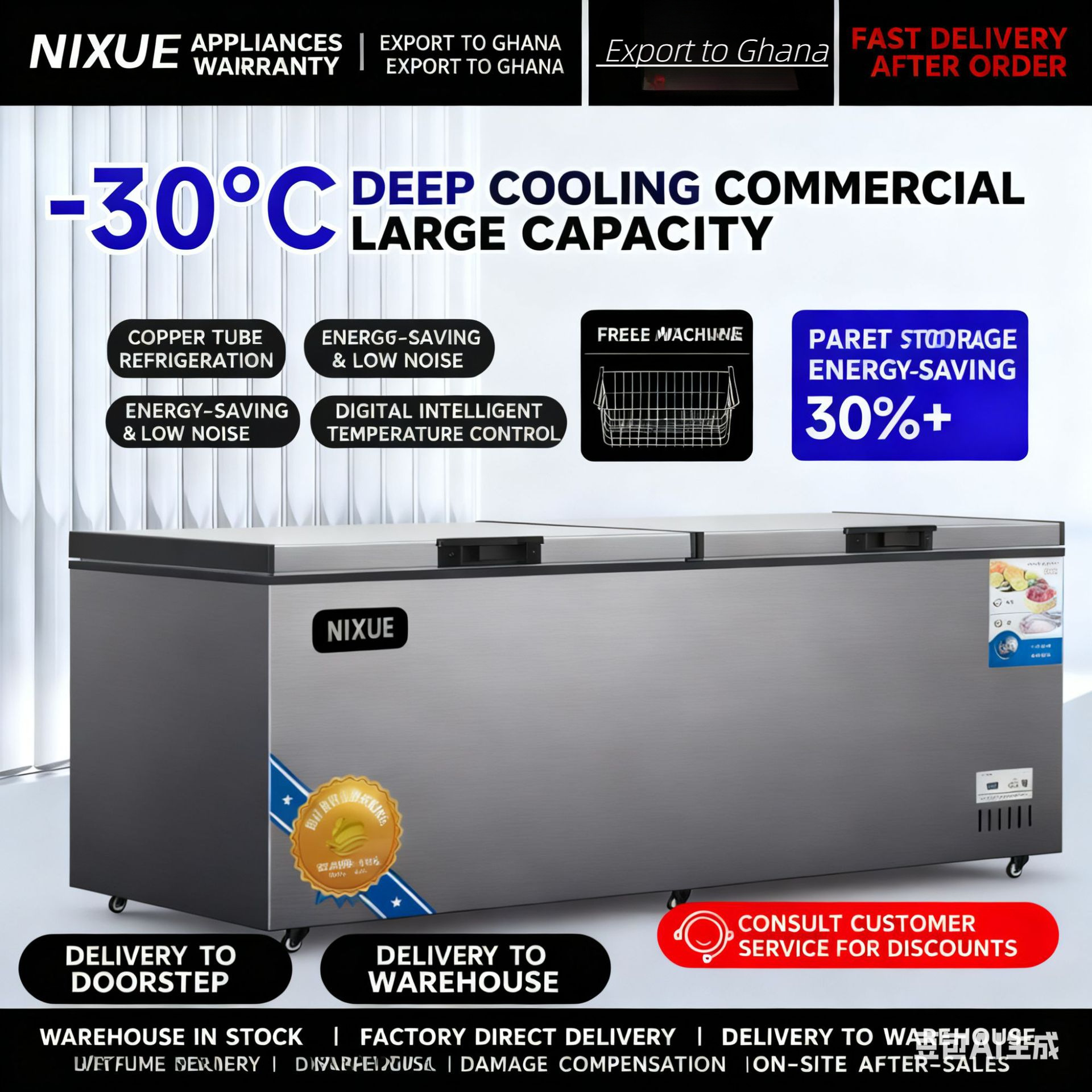 Commercial Large-Capacity Horizontal Freezer Fresh-Keeping Cabinet Refrigerated Freezer Refrigerator Single and Double Door Export to Africa