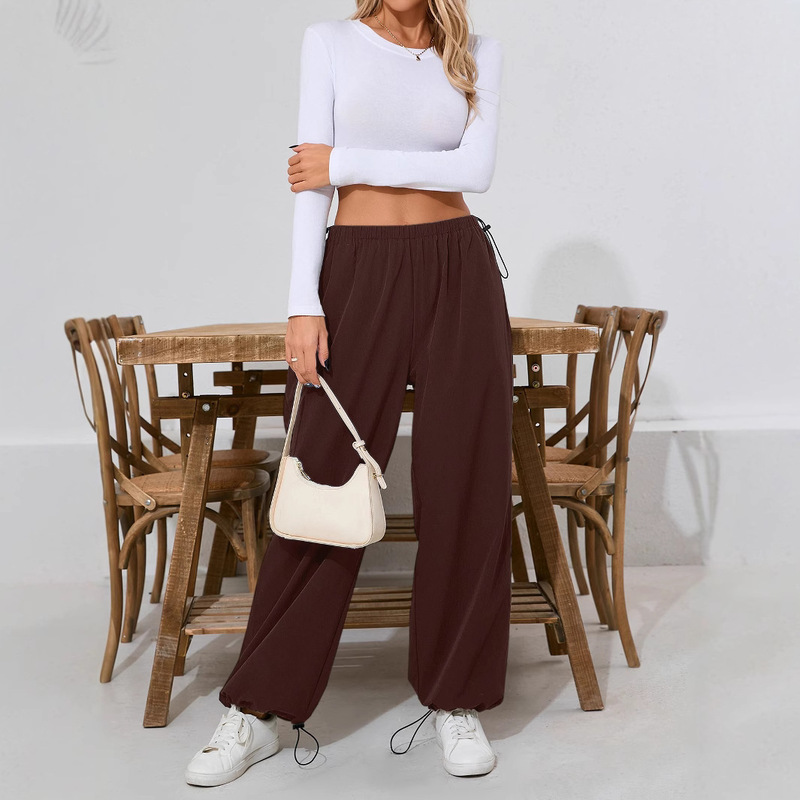 2025 European and American Cross-Border Autumn New Style Outdoor Loose Casual Solid Color Women's Wide-Leg Elastic Waistband Sports Jogging Pants