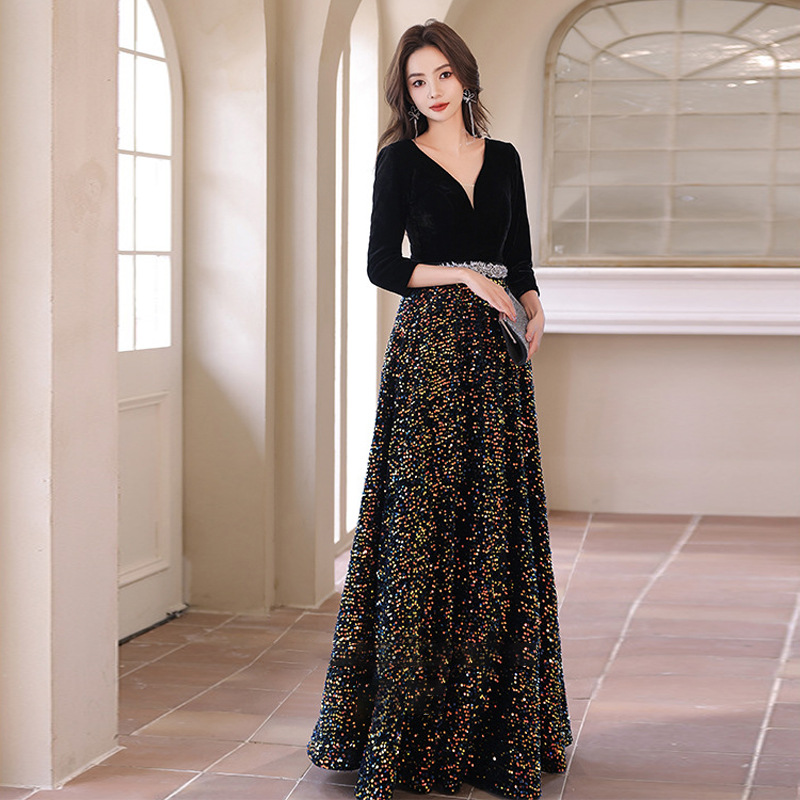 Black Evening Dress 2026 New Style French Socialite Elegant Host Dress Student Vocal Performance Exam Dress Summer