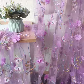 紫色网纱绣花蕾丝面料立体雪纺钉花毛球女装裙子窗帘DIY花边布料