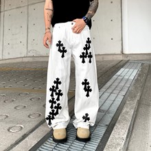 2025夏季新款克罗伈牛仔裤男美式十字架刺绣宽松直筒休闲裤子男装