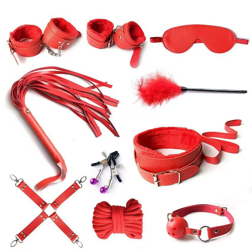 Bondage kit, multi-piece couples set, PU leather restraints, blindfold, feather tickler