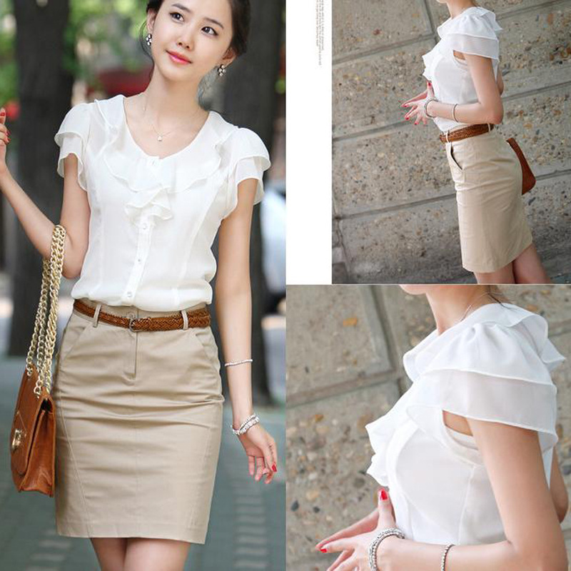 2025 Summer New Style Women's Shirt with Ruffled Edges, Short Sleeves, White Korean Style Slim Fit Work Shirt, Trendy Blouse