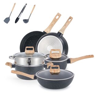 Cross-Border Non-Stick Kitchenware Set 12-Piece Soft Touch Cookware Marble Frying Pan Milk Pot