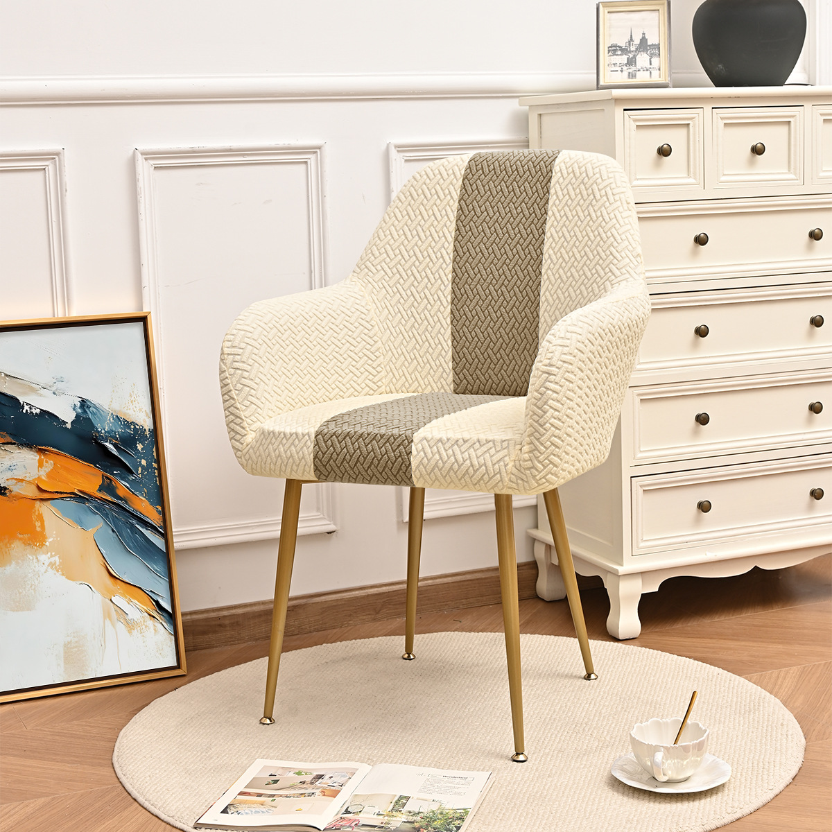 Elástico transfronterizo jacquard T-striped color nuevo cubierta de silla curva a prueba de polvo alto reposabrazos de forma especial cubierta de silla de comedor de hotel