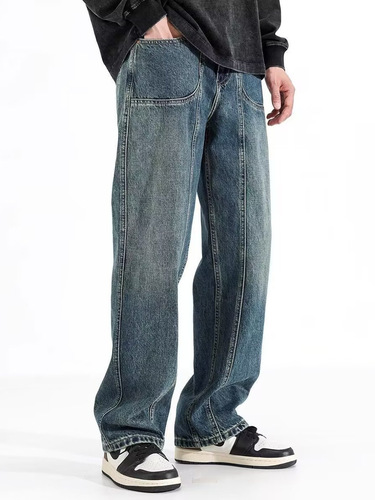 2024 Spring and Summer New Men's Relaxed Straight Leg Denim Jeans, American Style Trendy Wide Leg Floor-Length Casual Pants