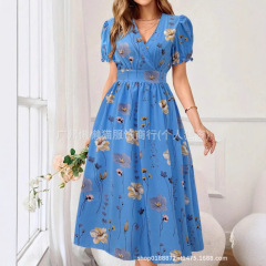 2025 夏ヨーロッパとアメリカの貿易クロスボーダー婦人服アマゾン人気のラウンドネック花びら袖半袖ミドル丈プリントドレス