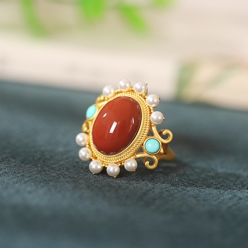 s925 silver inlaid red agate fashion gold-plated inlaid turquoise pearl ring