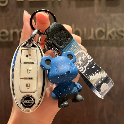 Key Case Unisex, Car key bag - nissan-b-smart-3-key-single-shell-white-blue-violence-bear-pendant