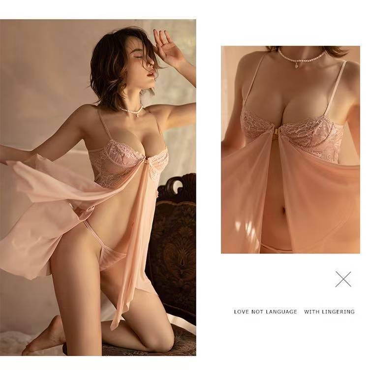 Steel-Support Lace Babydoll Pajama Set with Front Split, Sheer Mesh, Pink One Size — detail image 14