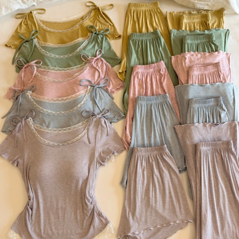 Cross-Border Foreign Trade Colored Cotton Modal Summer Pajamas for Women, Pure Desire Style Short-Sleeve Flared Long Pants Three-Piece Home Wear Set Cross-Border Foreign Trade Colored Cotton Modal Summer Pajamas for Women, Pure Desire Style Short-Sleeve Flared Long Pants Three-Piece Home Wear Set