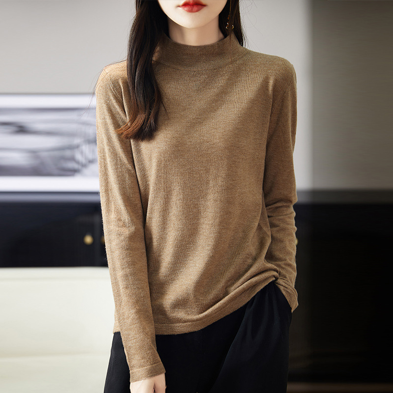 Worsted Wool Sweater Women's Pullover Solid Color Loose Elegant Commuter Casual Simple Semi-High Collar Base Top