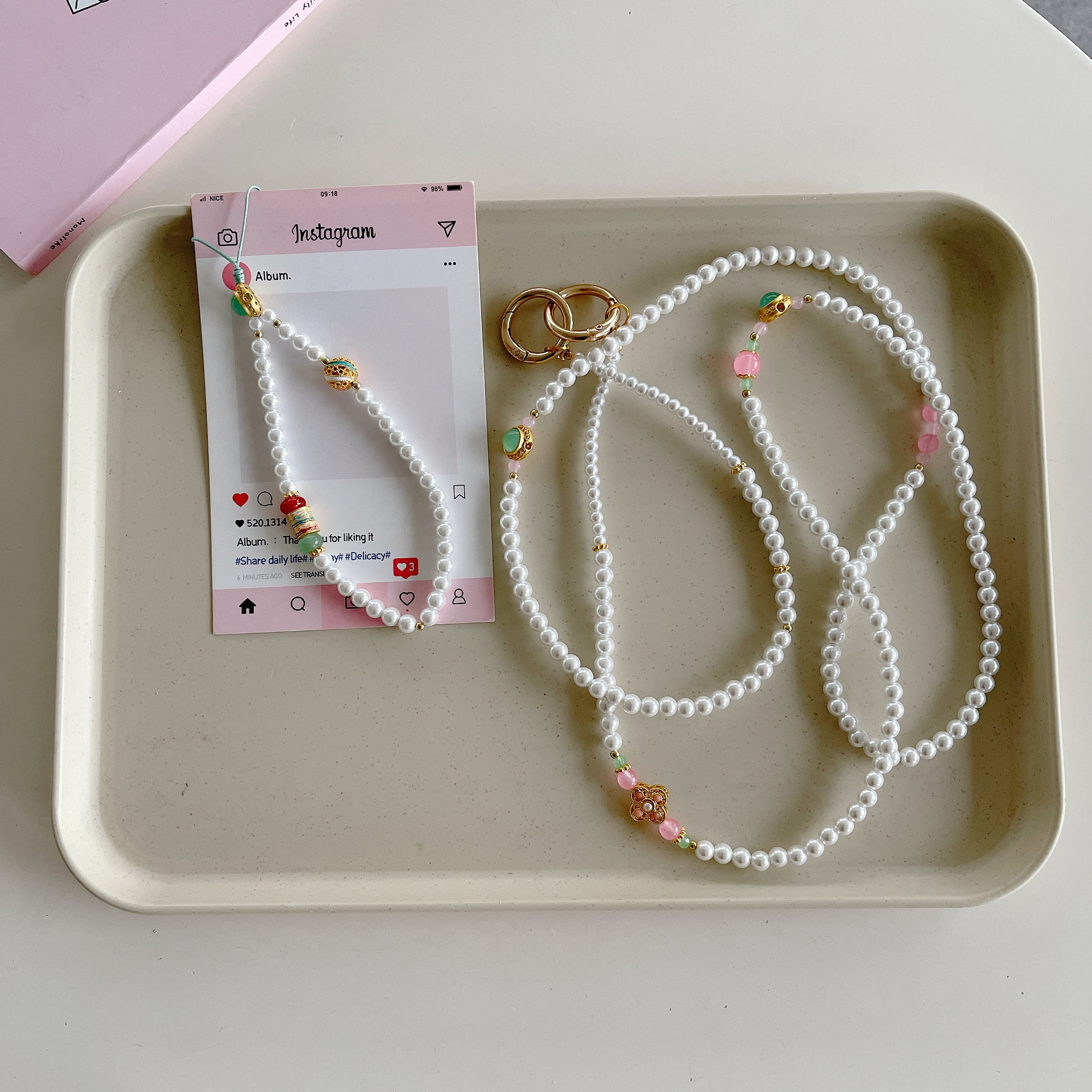 Boutique hecho a mano de alta gama para teléfono móvil cadena larga de perlas de piedra natural femenina cordón de teléfono móvil de moda colgante de mensajero largo
