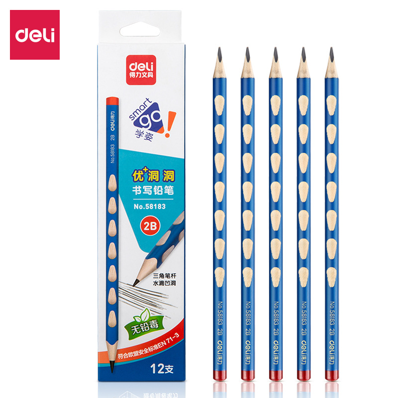 Deli 58183 agujero pluma corrección agarre lápiz suministros para niños 2B triángulo kindergarten pluma de aprendizaje