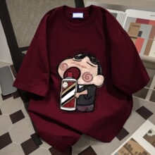 超大码300斤卡通蜡笔小新短袖t恤男日系宽松酒红色圆领半袖上衣服