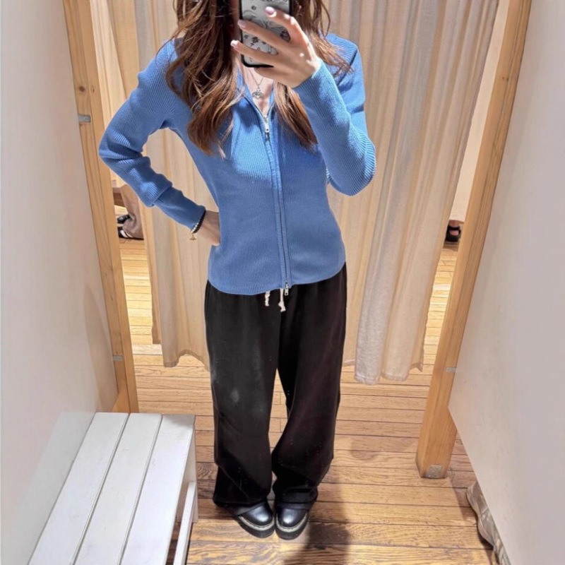 Bm American Sexy Style Blue Threaded Hooded Knitted Cardigan Bm Autum Top Short Jacket for Women