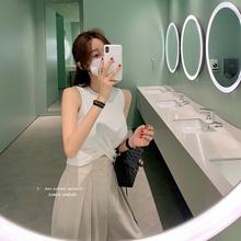 现 货白韩国官网代购 交叉设计 圆领修身露脐无袖背心T恤