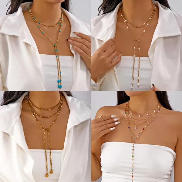 Long Tassel Necklace Collection Ccb Beaded Pearl Turquoise Wrap Necklace Colorfulful Oil Dripping Y-Shaped Multi-Layer Necklace