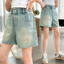女童牛仔裤夏季新款韩版中大童贴布星星短裤外穿薄款童裤跨境批发