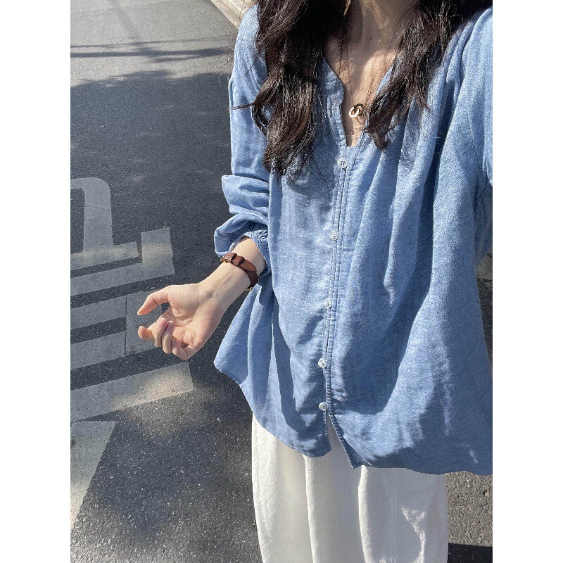 Blue Linen V-Neck Shirt for Women, Summer Thin Loose Breathable Long-Sleeve Top, Korean Style Casual Versatile Sun Protection Shirt