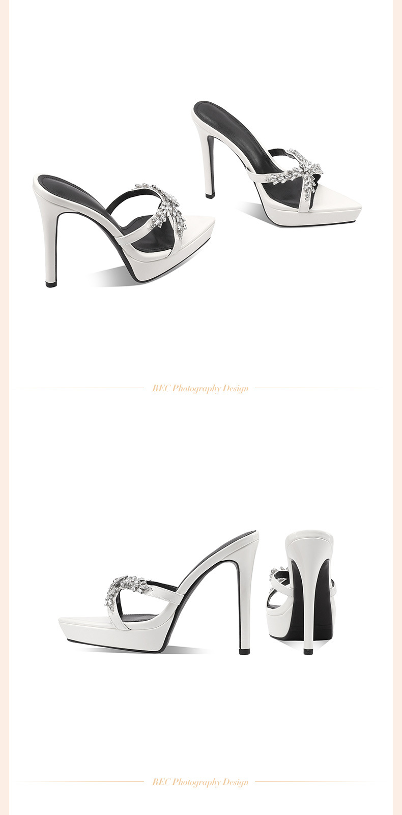 Sandal cao gót nữ mũi nhọn hở ngón đính đá rhinestone, gót 10 cm, đế platform — Màu nude 10cm chi tiết 16