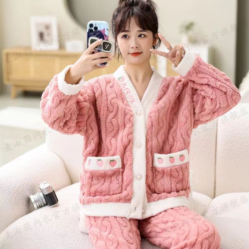 Pijamas de lana de coral de caída especial para mujeres otoño y invierno gruesas calentadas dulces lindas prendas de franela para el hogar dos conjuntos