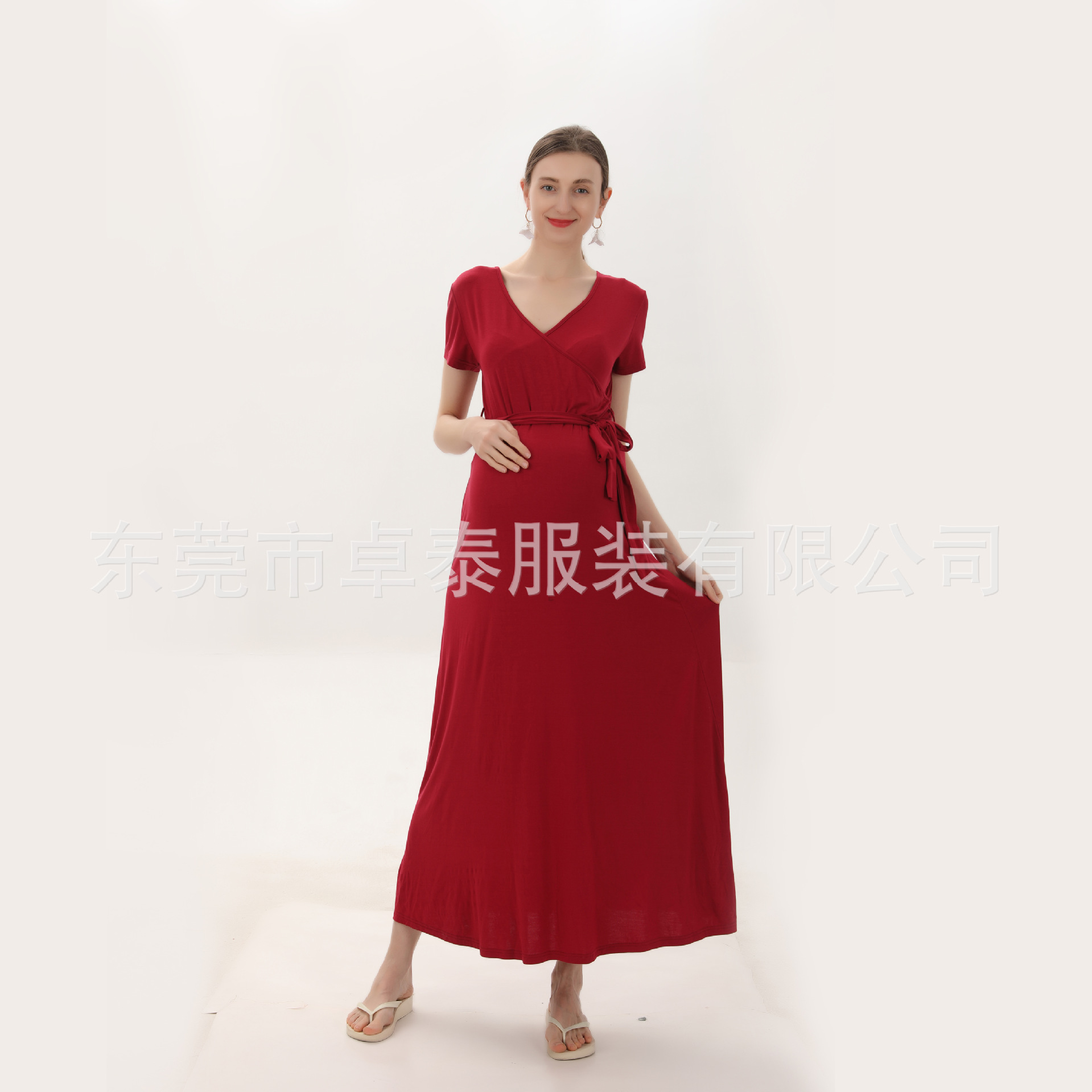 Manufacturers stock 2022 new cross-border European and American solid color print short sleeve V-neck maternity burgundy dress