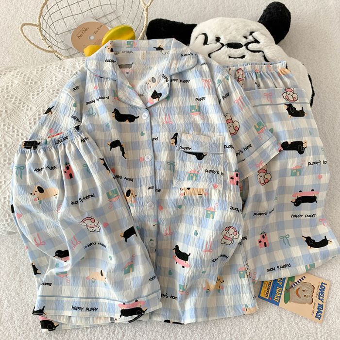 Verano nuevo estilo pijama mujer nube algodón 120g solapa cárdigan pantalones cortos de manga corta pantalones de tres piezas lindo servicio a domicilio