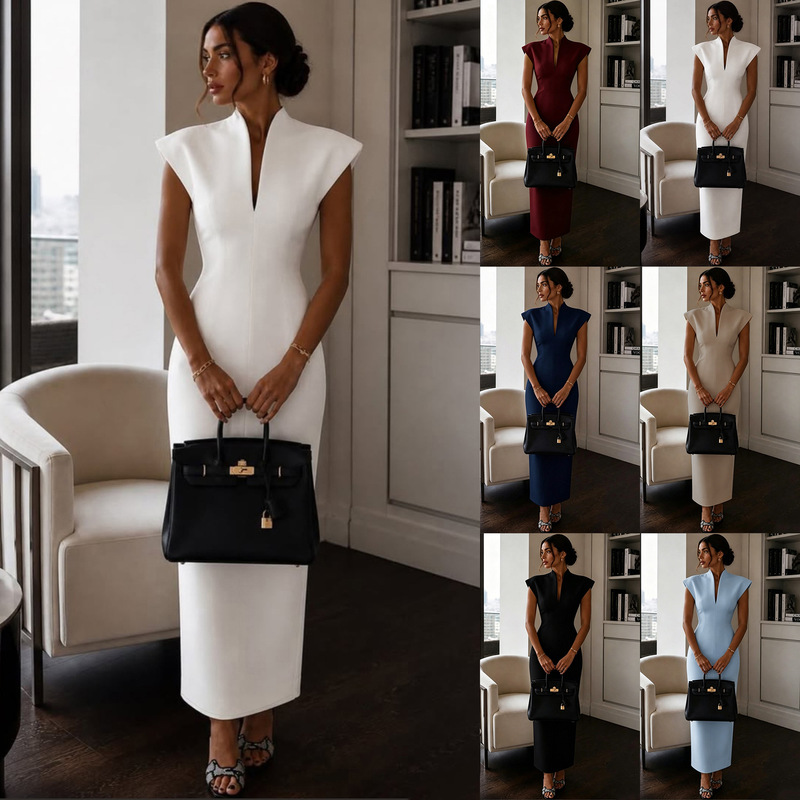 2026 Amazon Independent Site Cross-Border New Model Stand Collar V-Neck Sleeveless Waist-Cinching Bodycon Dress Gown 2026 Amazon Independent Site Cross-Border New Model Stand Collar V-Neck Sleeveless Waist-Cinching Bodycon Dress Gown