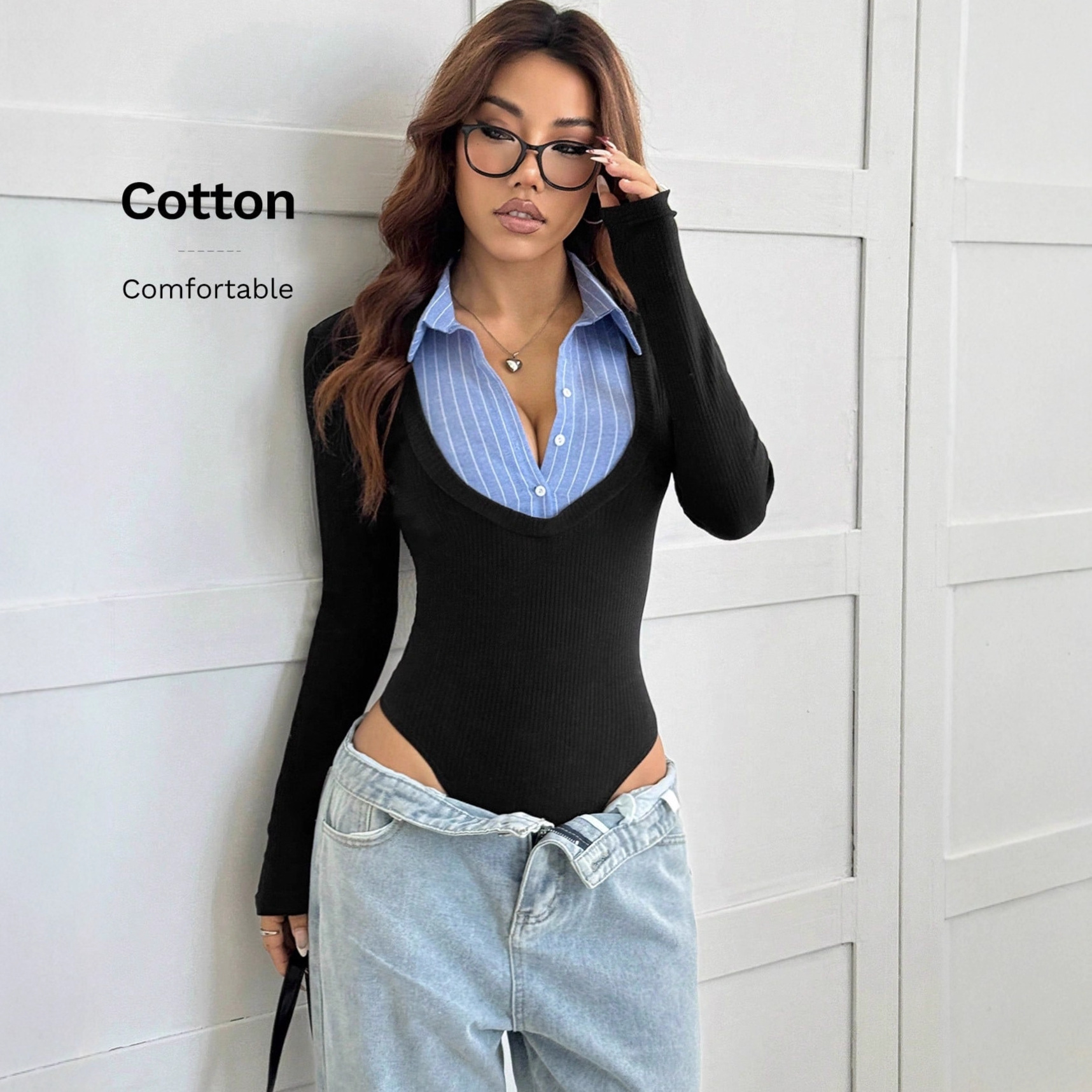 European and American New Cross-Border Fashion Contrasting Color Stitching Lapel Button Slim Sexy Fake Two-Piece Jumpsuit Jumpsuit for Women