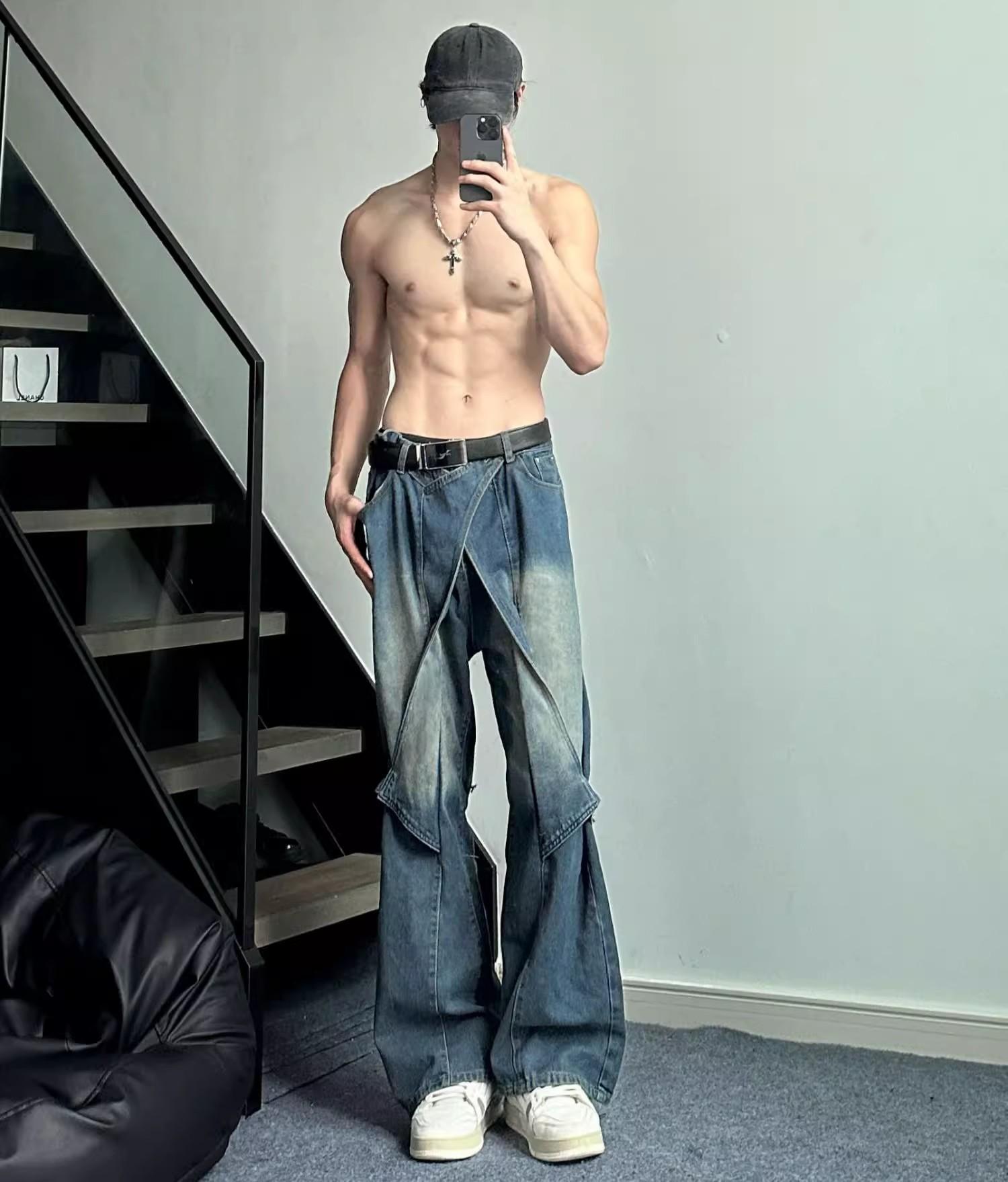 boy Black Cargo Jeans For Men, Design Sense Deconstructed Pants, European And American High Street Tall Flared Pants_voghion.com