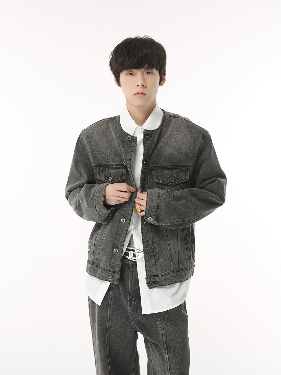 Mtlclothes ropa de Hombre | 2023 nuevo hombro pad sin cuello Denim chaqueta costura pantalones ins traje