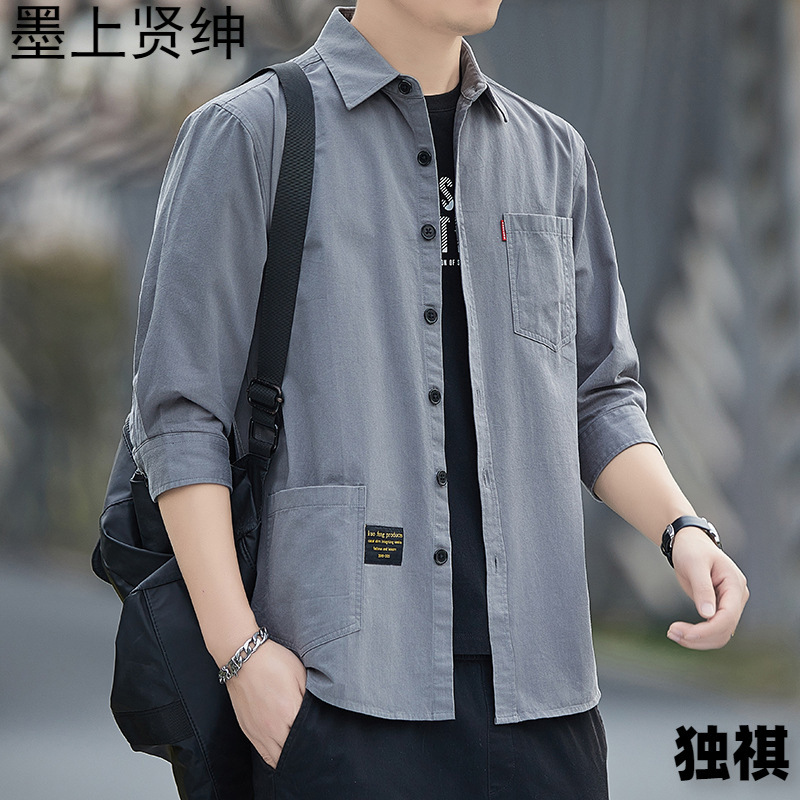 Primavera estilo Hong Kong camisa de trabajo de color sólido manga tres cuartos para hombre chaqueta hermosa camisa casual de moda