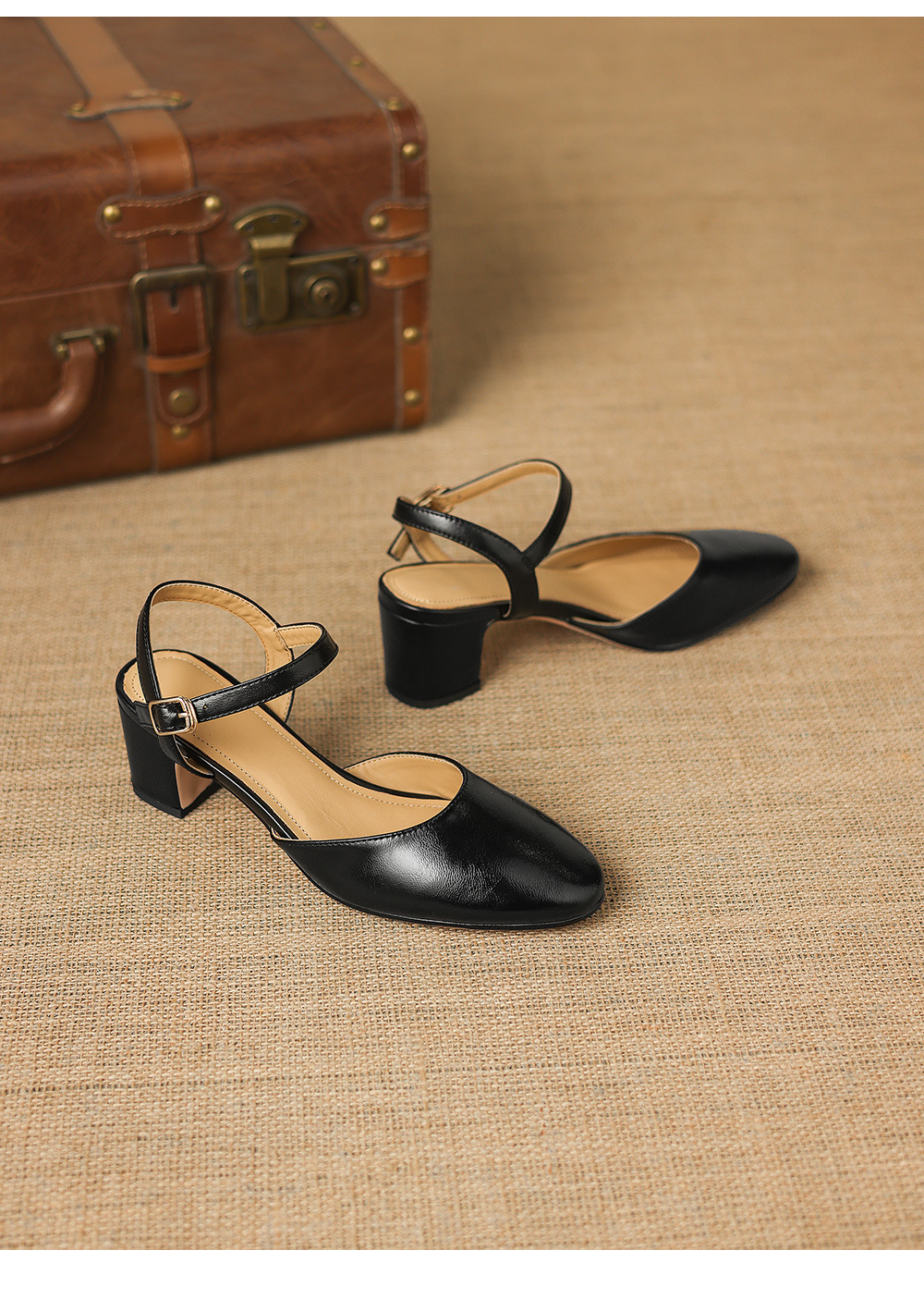 Sandal cao gót nữ quai ngang mũi kín gót 5 cm phong cách Hàn Quốc — đen chi tiết 18
